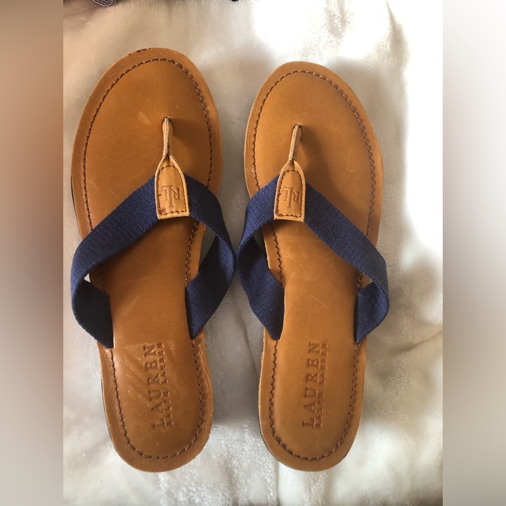 Ralph Lauren Tan Leather Sandals with Navy Fabric Straps
